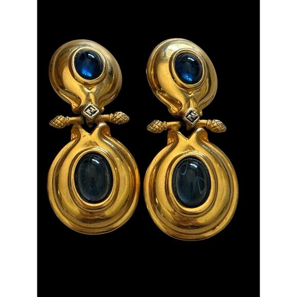 Fendi Blue Gripoix Cabochon Clip Earrings Large Double Dangle Logo 18kt GP - Picture 10 of 12